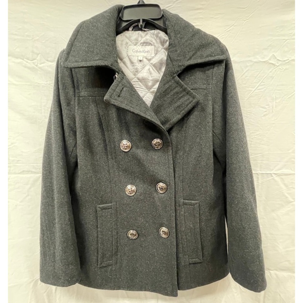 Calvin Klein‎ Womens Charcoal Gray Wool Blend Double Breasted Pea Coat Size 8